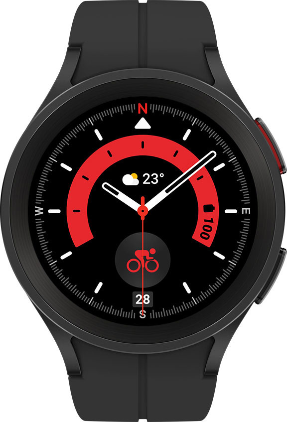 A black and red watch face shows the time with a cycling icon.
