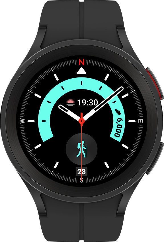 A black and light blue watch face shows the time with a hiking icon.