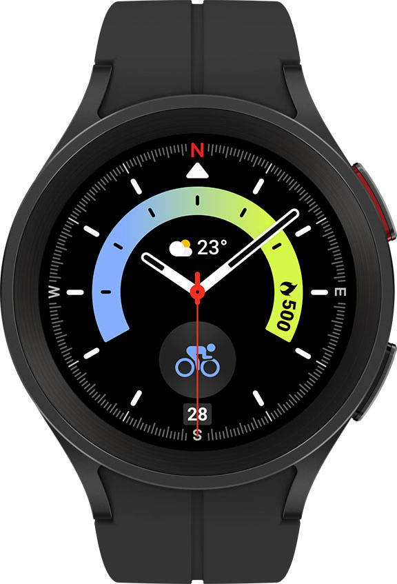A black with blue to light green gradient watch face shows the time with a cycling icon.